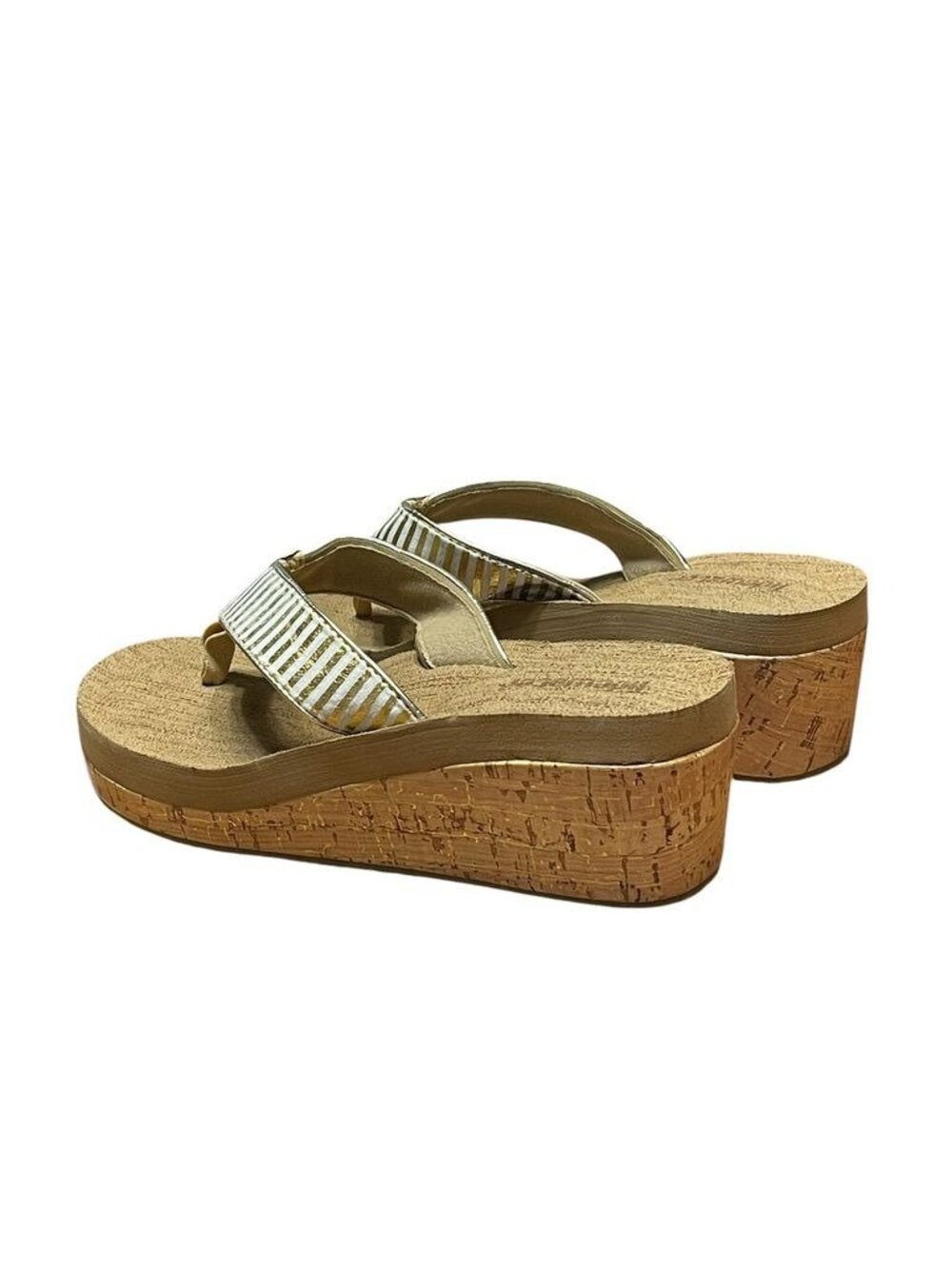 Tidewater Womens Gold & White Striped Wedge Sandals With Cork Sole Size 9
